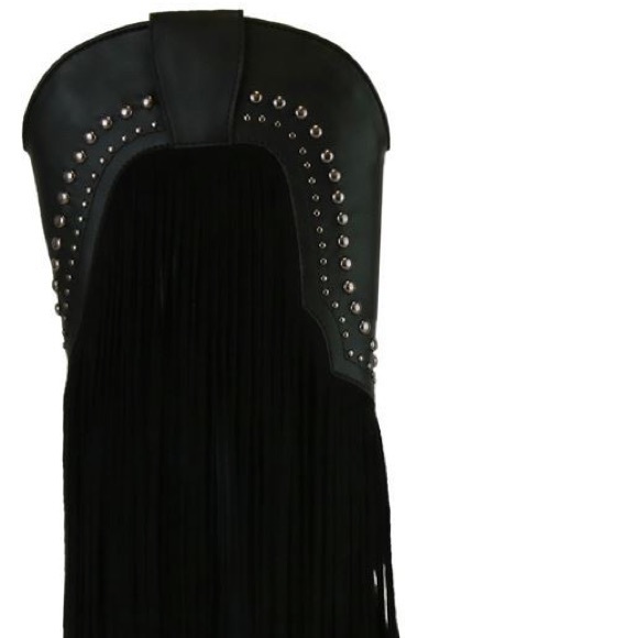 Beast Fashion Black Fringe Antique Stud Embellishment Tall Western Cowboy Boot - Picture 4 of 7